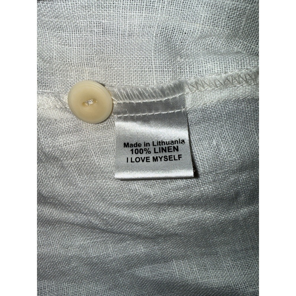 FLAX 100% Linen White Short Sleeve Button Down Shirt Blouse Lagenlook - Large - Picture 5 of 7